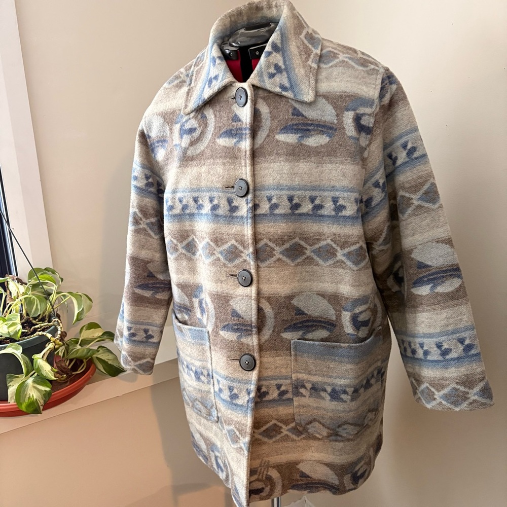 Ralph Lauren Style Wool-Blend Blanket Coat in Beige and Light Blue Navajo Print